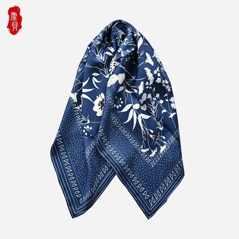 Chinese classic deep blue natrual silk twill scarf women printed flower 100% real silk scarves 65cm square girls wrap lady gift