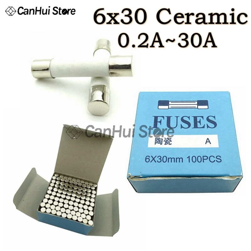 Fusível de cerâmica 6*30, fusível 6x30mm, fusível de 250v, a, 1a, 2a, 3a, 4a, 5a, 6a, 8a, 10a, 12a, 15a, 20a, 25a, 30a