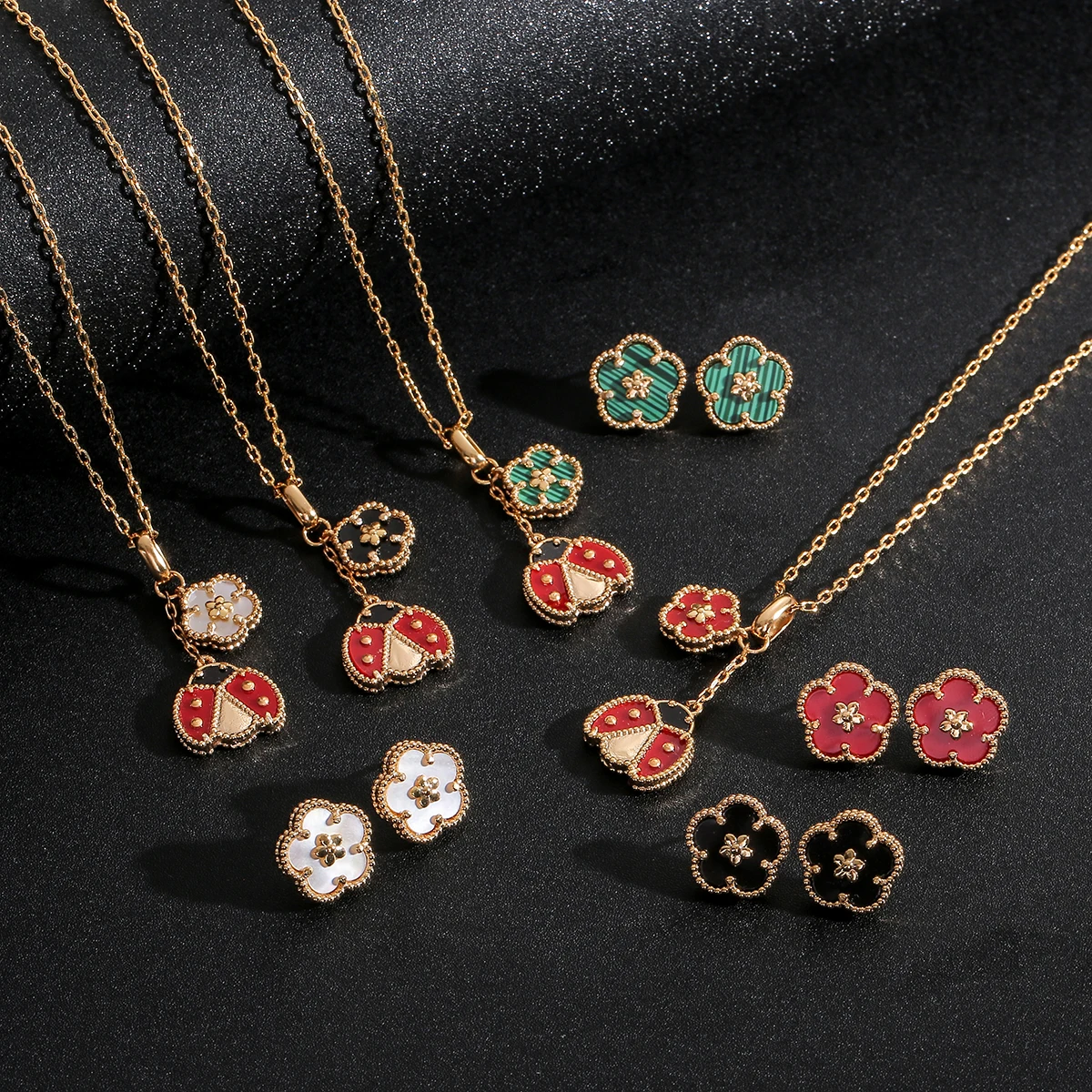 2021 New Romatic Women Fashion Necklace & Earrings Set Shell Lucky Spring Flower Ladybug Design Luxury Wedding  Jewelry Set