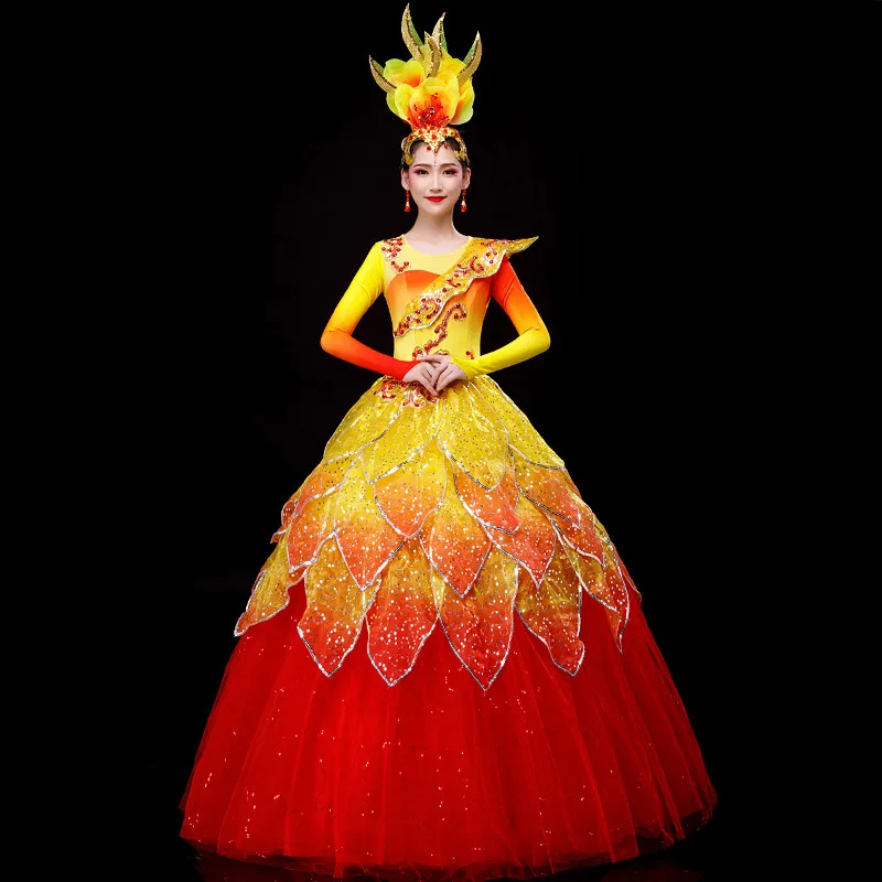 Yellow Red Dance Dress For Women New Year Festival Clothes Sequin Dance Performance Costume Long Sleeve