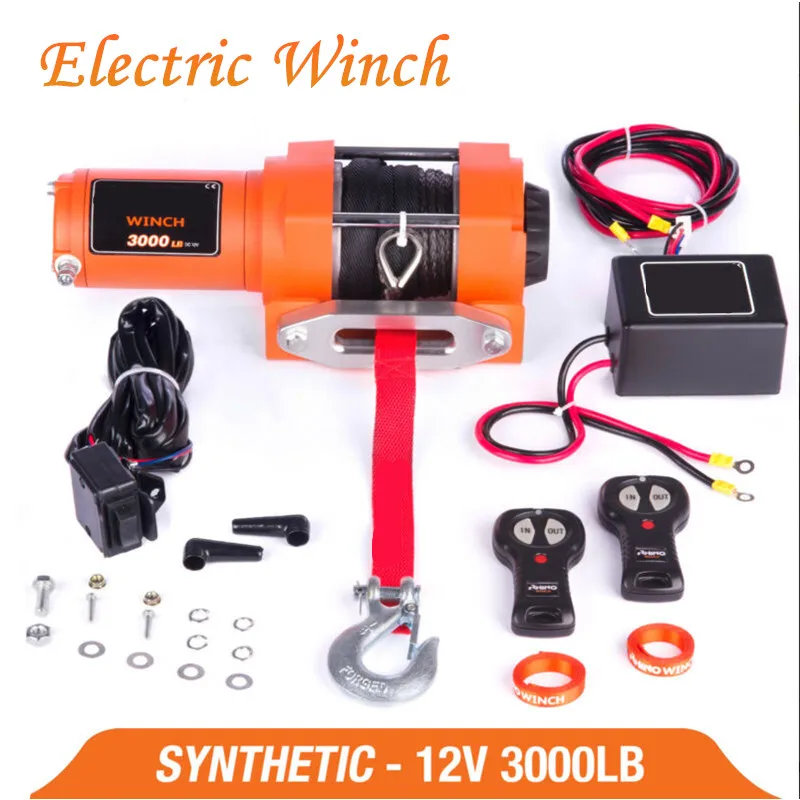 

winch car 12v remote control set electric winch 3000lb heavy duty ATV trailer high strength nylon rope electric winch