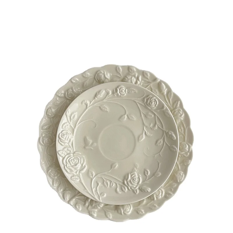Rose Coffee Cup and Saucer Set French Small Luxury Exquisite Vintage Rose Embossed Ceramic Plate Ceramic Flower Shape Tableware