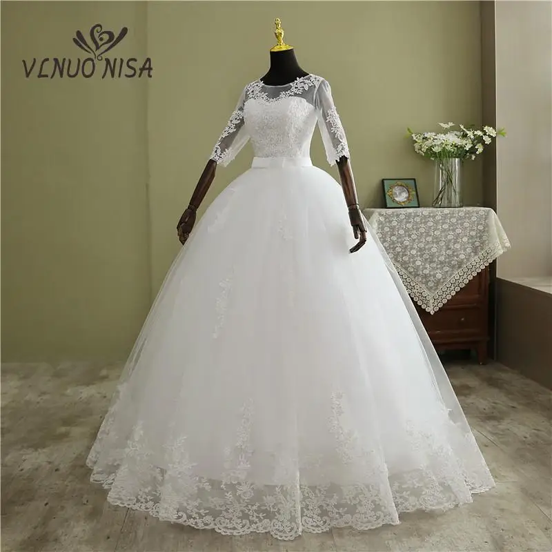 2023 New O-Neck Pluse Size White Wedding Dresses With Sleeve Simple Sequined Cheap Ivory Wedding Gown De Novia for Bride