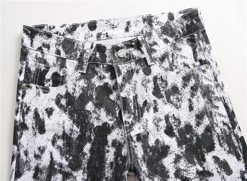 Fall Men's Pants Slim Jeans Trendy Nightclub Straight Pants Black and White Spot Decorative Printing Casual Jean