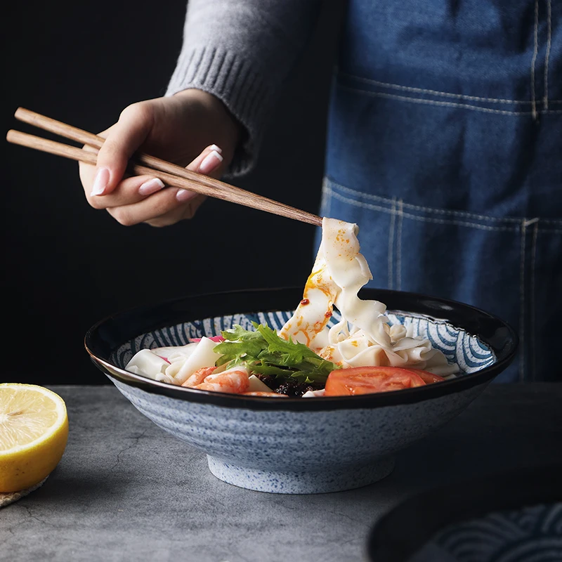 ANTOWALL-Large Size Noodle Bowl, Ceramic Soup Bowl, Japanese Sea Wave Shaped, Creative Household Retro Noodle Bowl, Beef Ramen