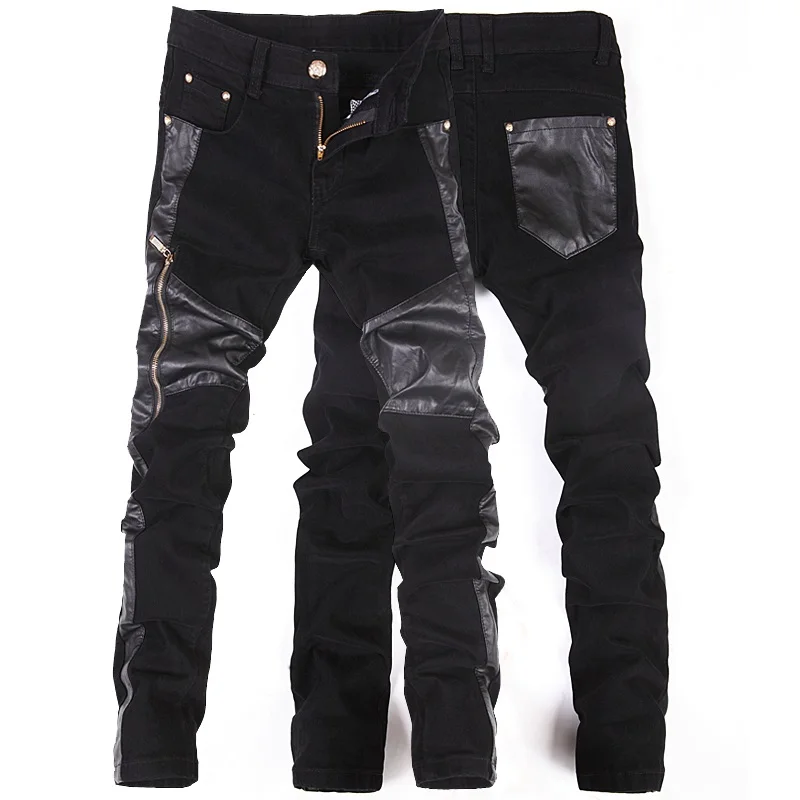 Zipper Splicing leather pants Long Pencil Pants  Jeans Slim Spring Hole Men's Fashion Thin Skinny Jeans Men Hiphop Trousers