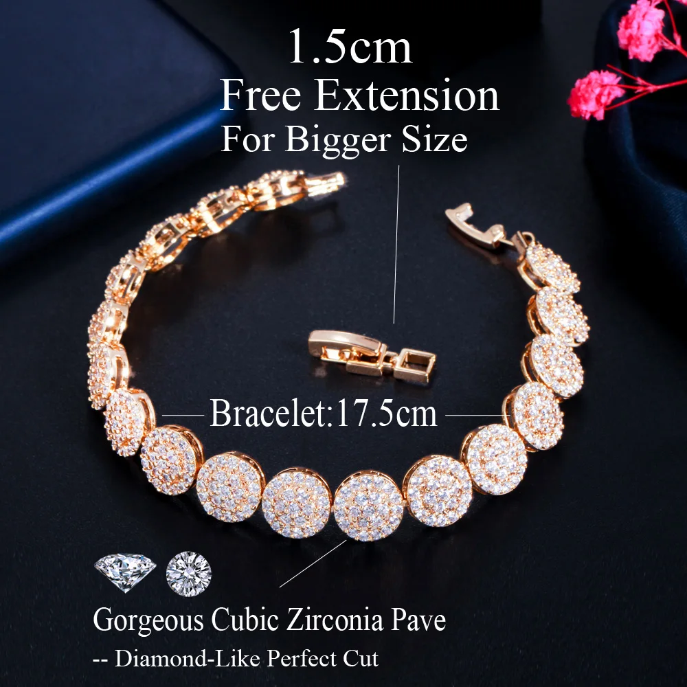 CWWZircons Shiny Micro Pave Cubic Zirconia Stone Round Wedding Party Bracelets for Women Gold Color Chain Link CZ Jewelry CB265