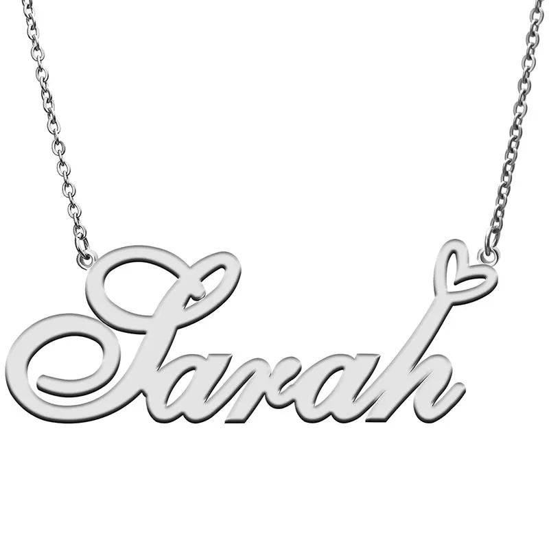 Sarah Name with Love Heart Necklace for Women Stainless Steel Jewelry Nameplate Pendant Femme Mother Child Girls Gift