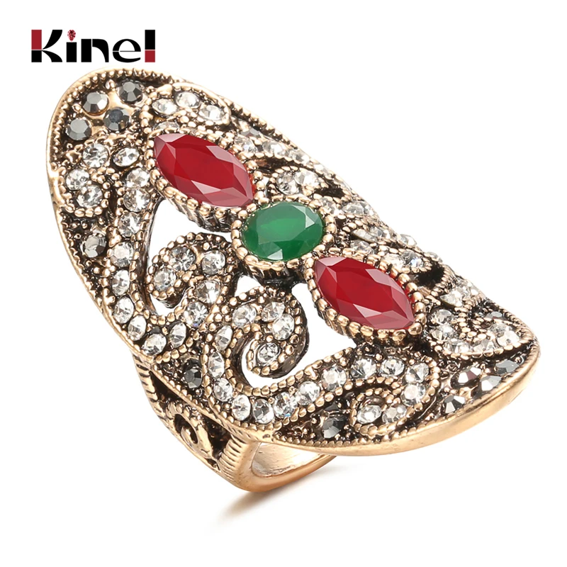 Kinel Vintage Ring Trendy Women Jewelry Gold Color Inlaid Red Resin Big Oval Party Crystal Antique Rings Turkish Jewelery 2020