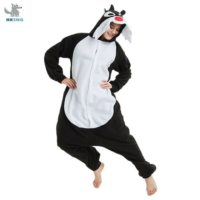 HKSNG Dorosły Czarny Wilk Onesie Kigurumi Piżama Polarowa Kreskówka Halloween Party Kostium Kombinezon Piżama