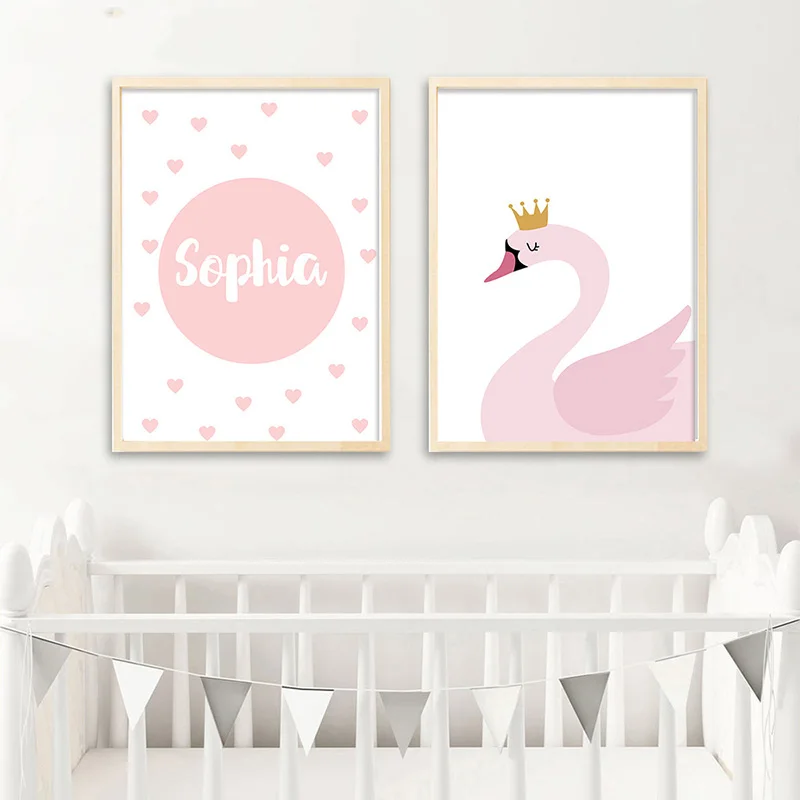 Pink Tender Swan Cartoon Poster Print Canvas Mural Nordic Minimalist Style Art Pattern Modular Living Room Baby Girl Bedroom