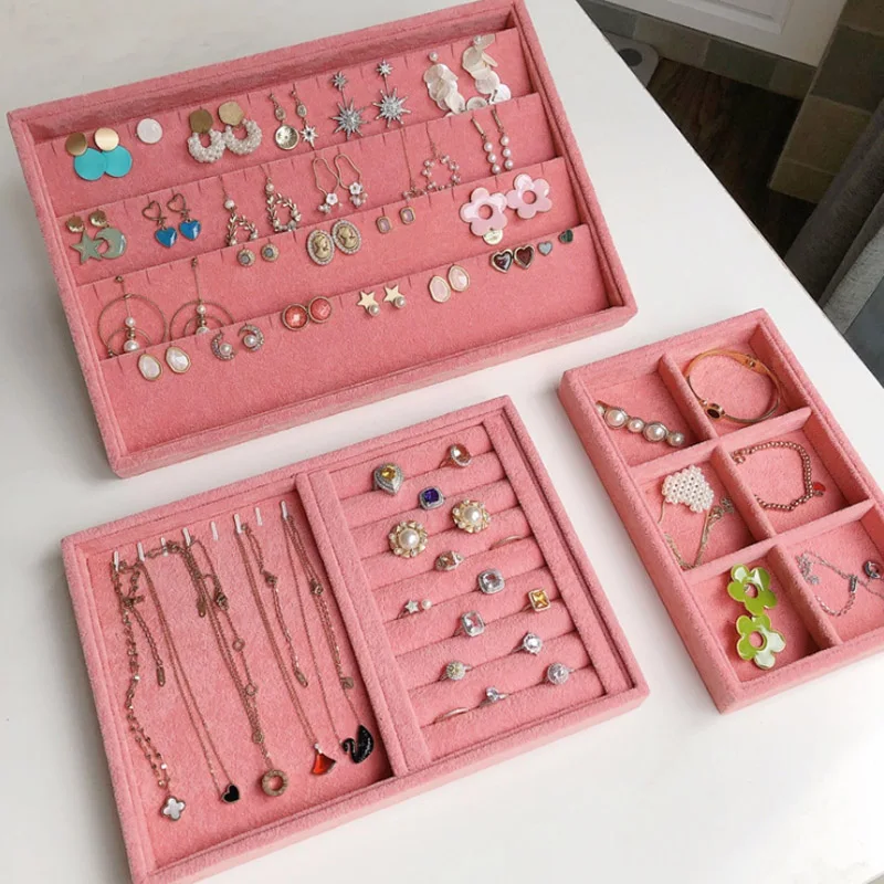 New Pink Ring Jewelry Display Organizer Case Holder Necklace Earrings Storage Box Showcase Jewelry tray