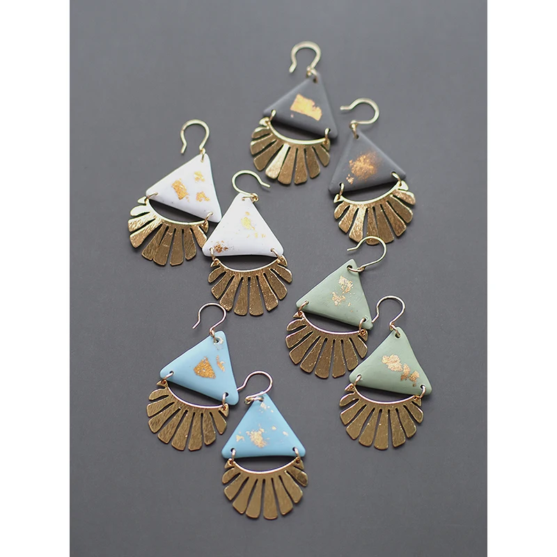 Brass Feather Sector Polymer Clay Elegant Classic Geometry Unique Ethic Dangle Pendant Statement Earrings Jewelry Casual Party