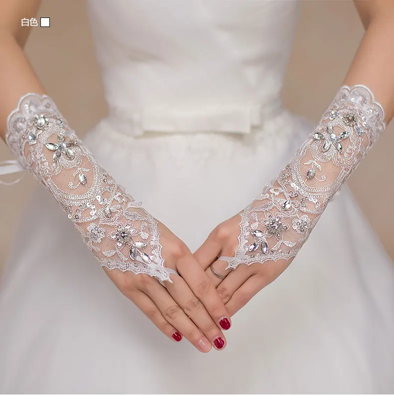 Luvas nupciais sem dedos para mulheres, strass curto, acessórios elegantes do casamento, marfim branco