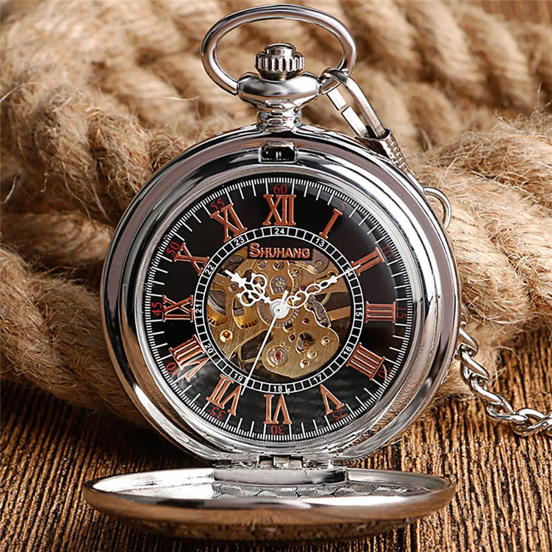 Vintage Style Dragon Design Silver Men Women Mechanical Hand Winding Pocket Watch Roman Number Fob Chain Watch Relogio De Bolso