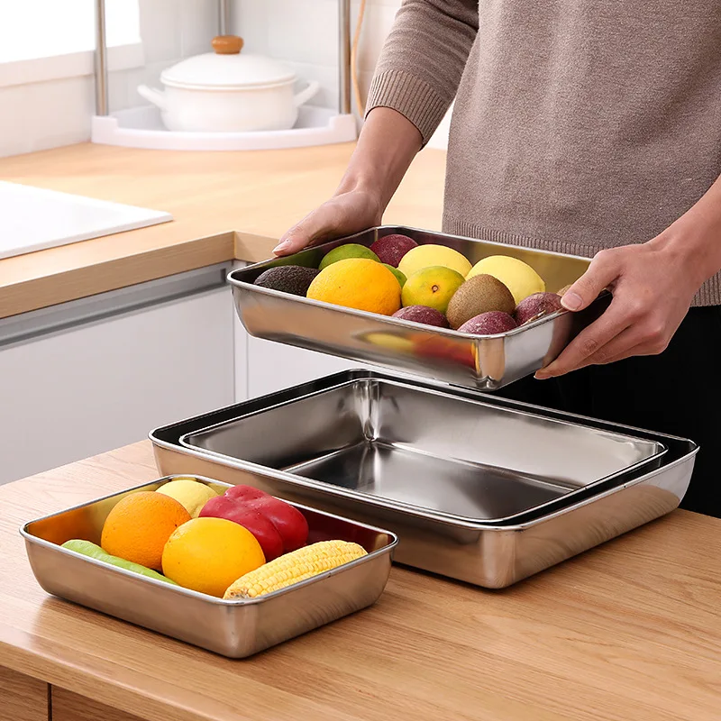 Bandeja Rectangular de acero inoxidable para almacenamiento de alimentos, bandeja para hornear, platos profundos, contenedor, organizador de cocina