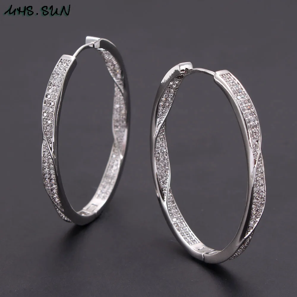 MHS.SUN Women Gold Plated Circle Hoop Earrings Fashion Twisted Design Cubic Zircon Earrings Round Statement Jewelry 1Pair