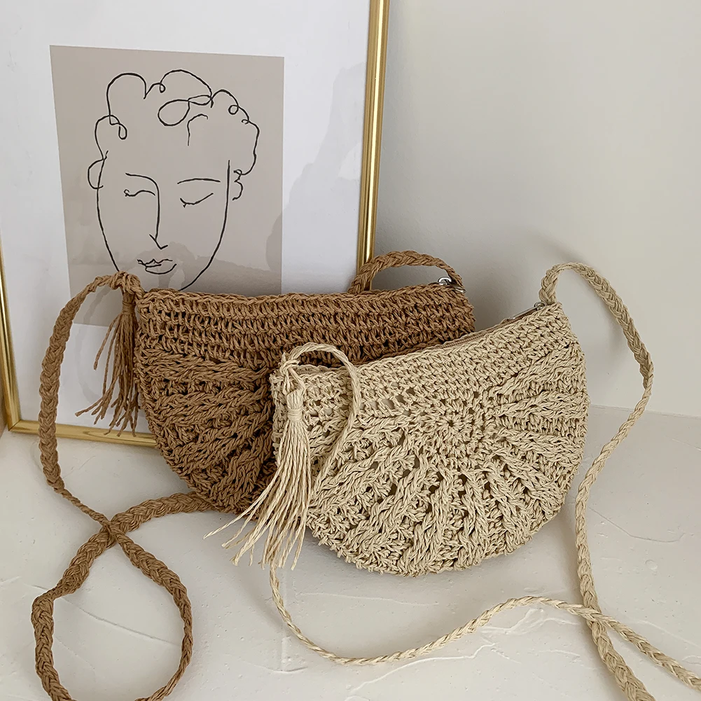 

Women Fashion Straw Rope Handmade Woven Shoulder Messenger Bags 2023 Casual Solid Ladies Summer Vacation Beach Crossbody Bags
