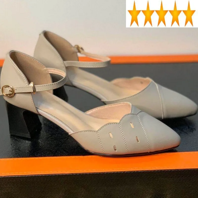 

Shoes Leather Shallow Women Genuine Summer Pointed Toe Thick Heel Elegant Office Lady Hollow Out Sandals Plus Size 42