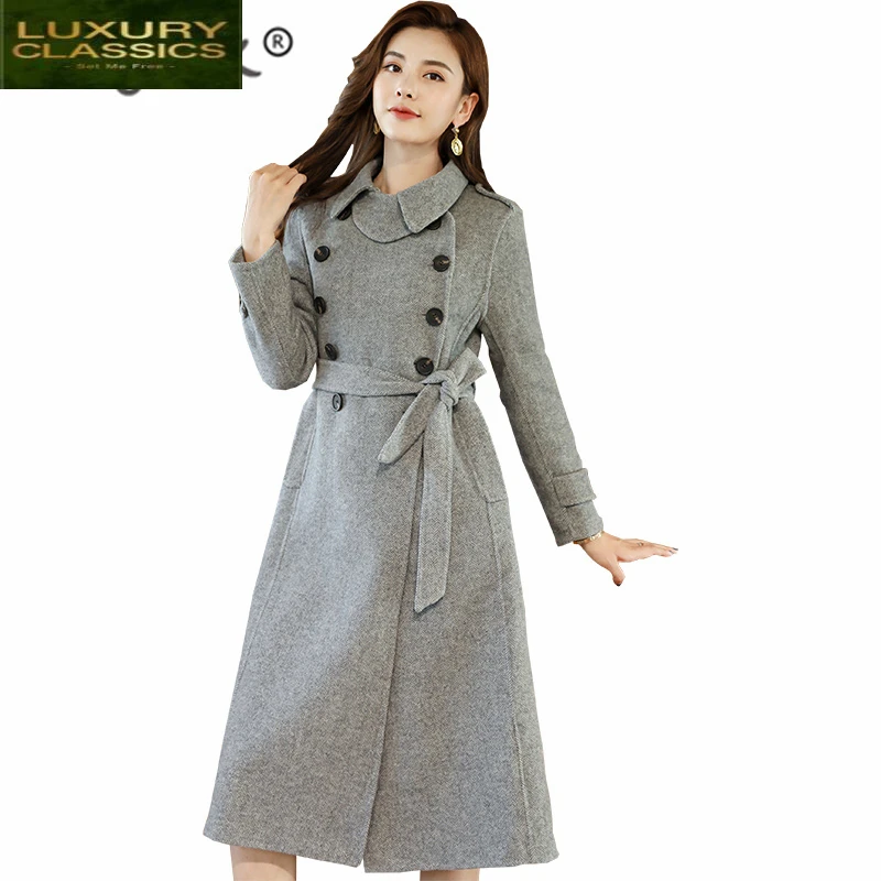 

New 100% Wool 2021 Coat Women Fashion Autumn Winter Cashmere Coat Female Jackets+belt Slim Overcoat Casaco Feminino Hiver LW1130