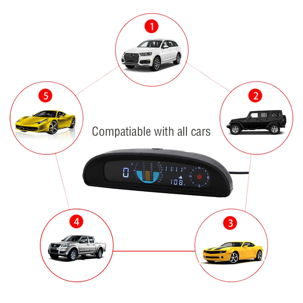 GH200 12V GPS HUD Head Up Display Car Speedometer with Inclinometer Pitch Automotive Voltage Compass Altitude Clock