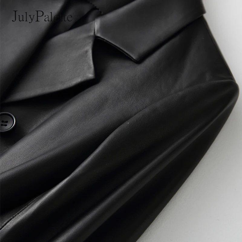 Julypalette-Chaqueta de piel auténtica para mujer, Blazer de doble botonadura con cinturón, abrigos de piel de oveja negra, M-3XL primavera 2022