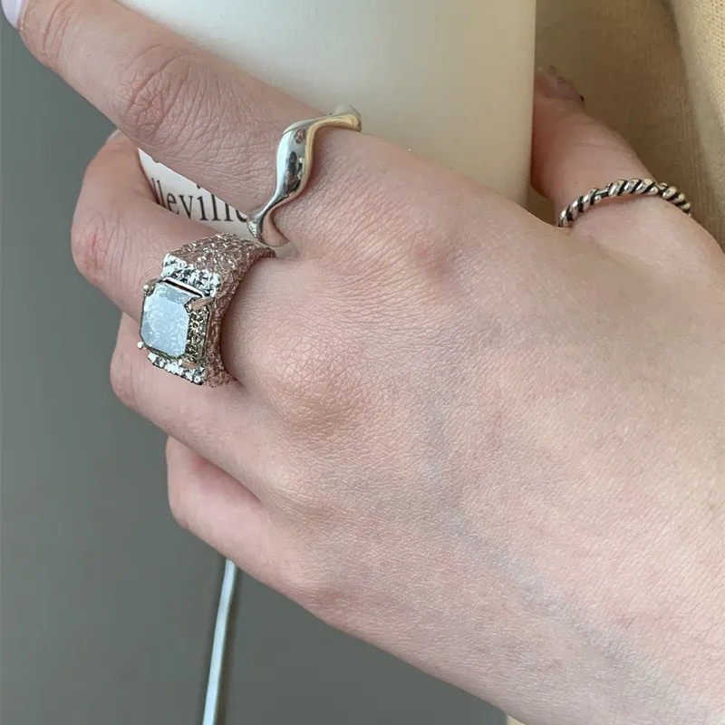 QMCOCO  Silver Color Tin Foil Adjustable Wide Ring For Woman Man Fashion Personality INS Trend Design Party Jewelry Gifts