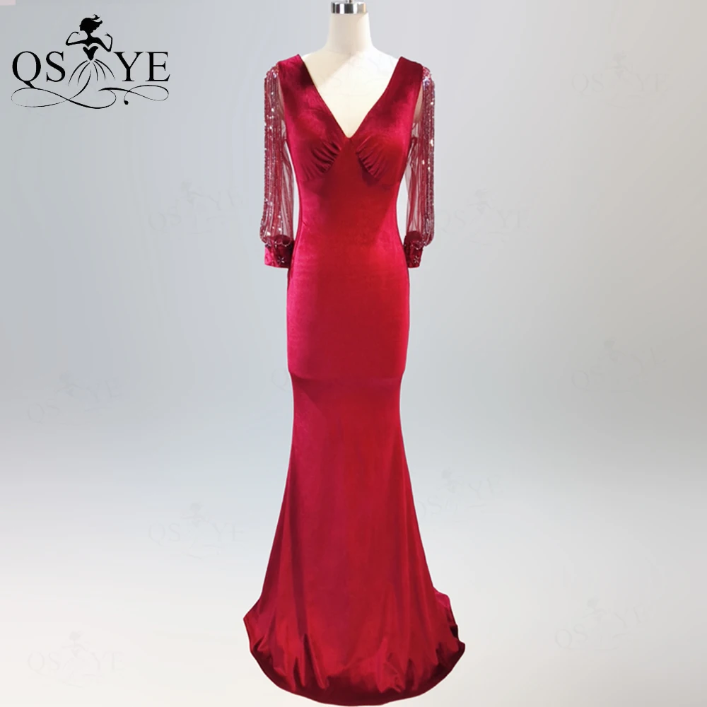 QSYYE – robe de soirée de forme sirène, tenue de soirée noire en velours, manches longues élastiques, col en V, perles, à la mode