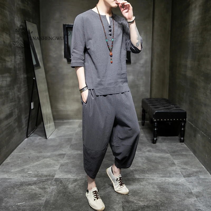 Japanese Style Suits Kimono Short-Sleeved T-shirt Pants Two Piece Men Tops Trousers Male Japan Harajuku Yukata Cardigan Costume