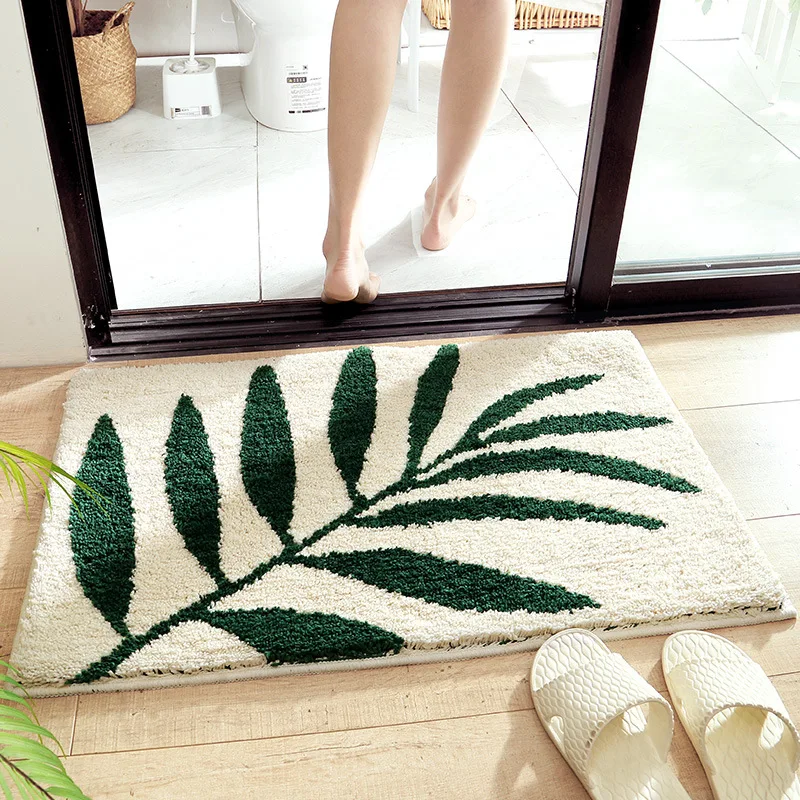 Door Mat Green Leaves Flocking Bath Mat Non-slip Absorbent Microfiber Bathroom Rug Welcome Home Entrance Super Soft Bath Carpet