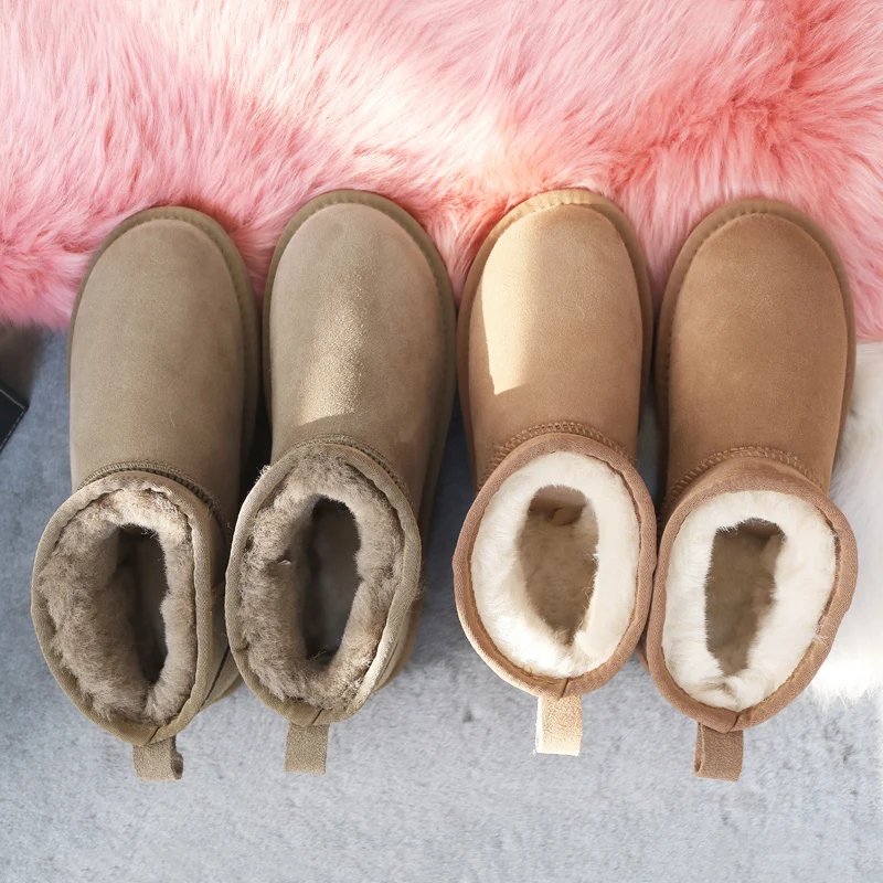 

Winter Women's Sheepskin Snow Boots Genuine Leather Female Sheep Fur Warm Short Wool Ankle Boots Flat Cotton Shoes