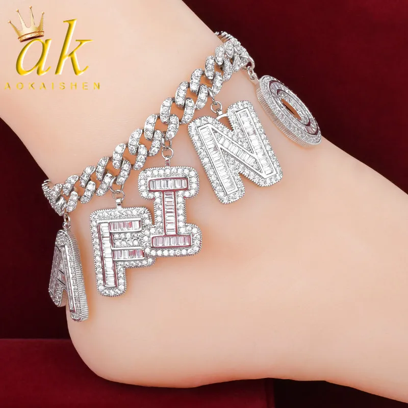 Custom Name Anklet for Women Single Letter Silver Color AAAA Cubic Zirconia Hip Hop Rock Jewelry