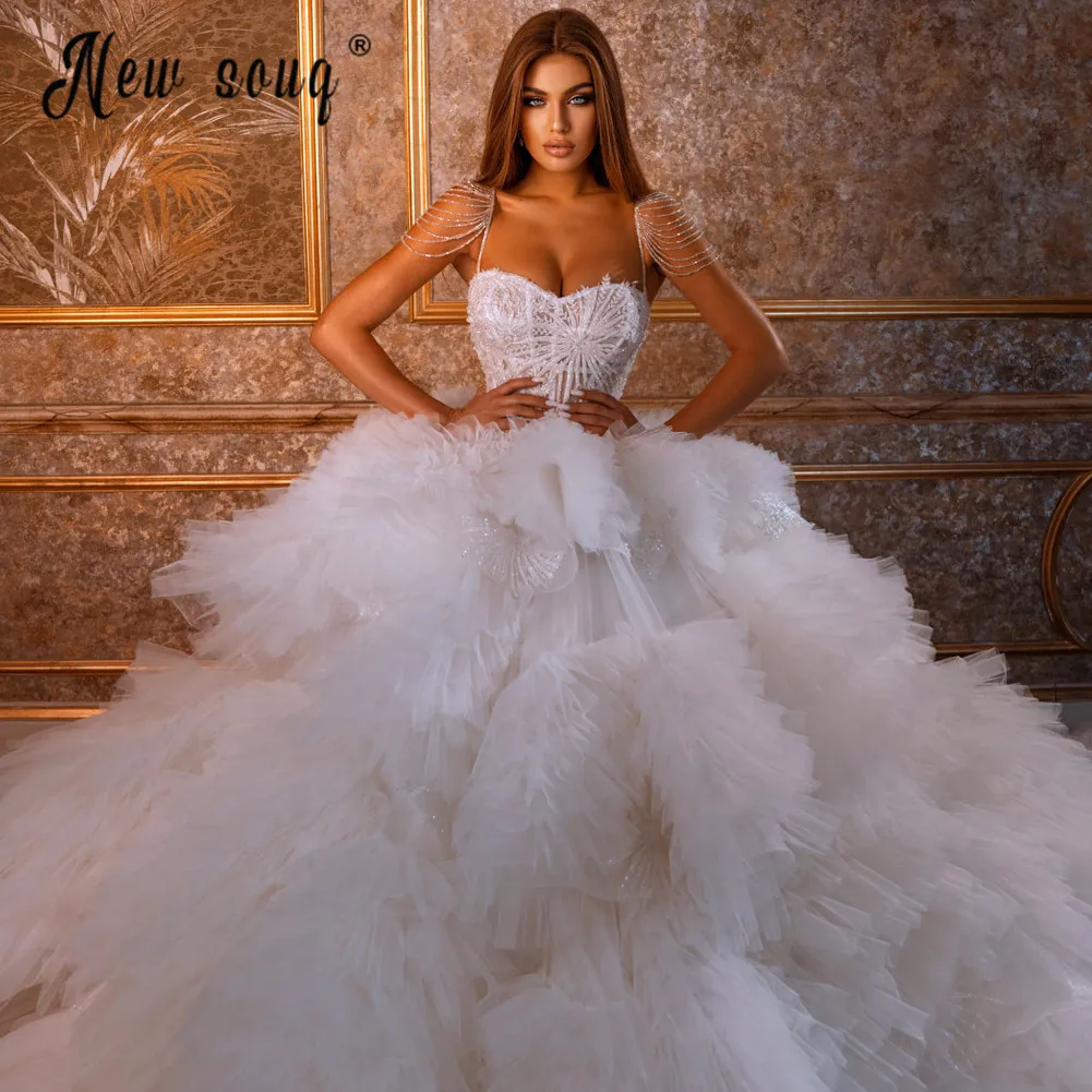 Gorgeous Ruffles Wedding Dress African Sparkly Crystals Tassels Cap Sleeve Wedding Dresses For Brides Ball Gown Prom Dresses