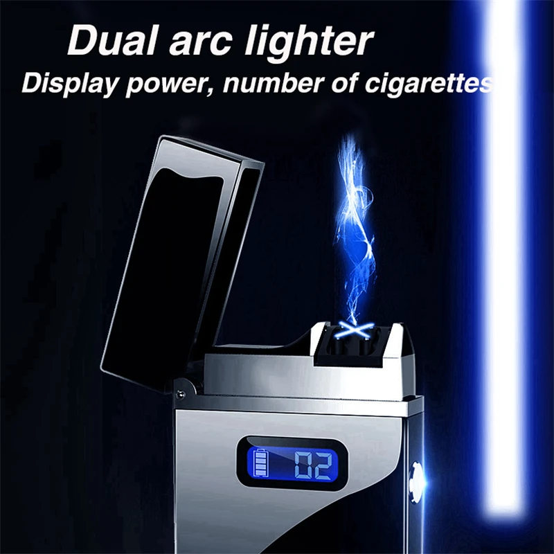 USB Electronic Charging lighter Dual Arc Plasma Cigarette Lighter LED Power Windproof Electric Pulse Torch Lighters Gadgets Men