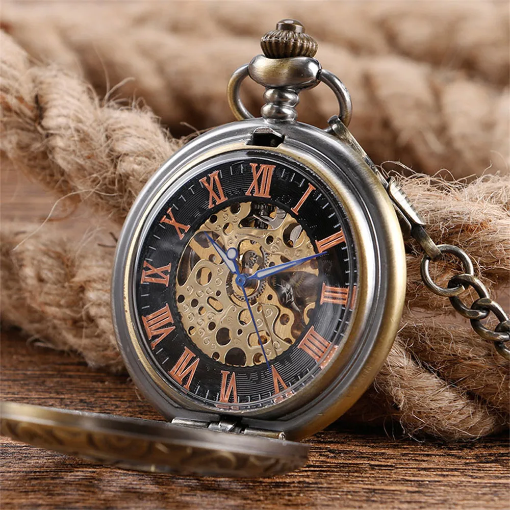 Bronze Hollow Flower Mechanical Hand Winding Pocket Watch Roman Numerals Display Antique Pendant Pocket Clock Male