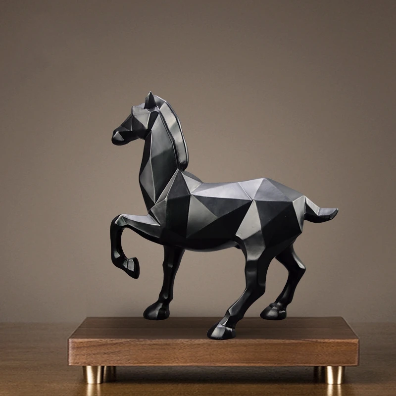 

Zodiac Animal Statue Resin Handicraft Geometric Block Balck Horse Ornament Creative Home Furnishing Success Wealth Gift