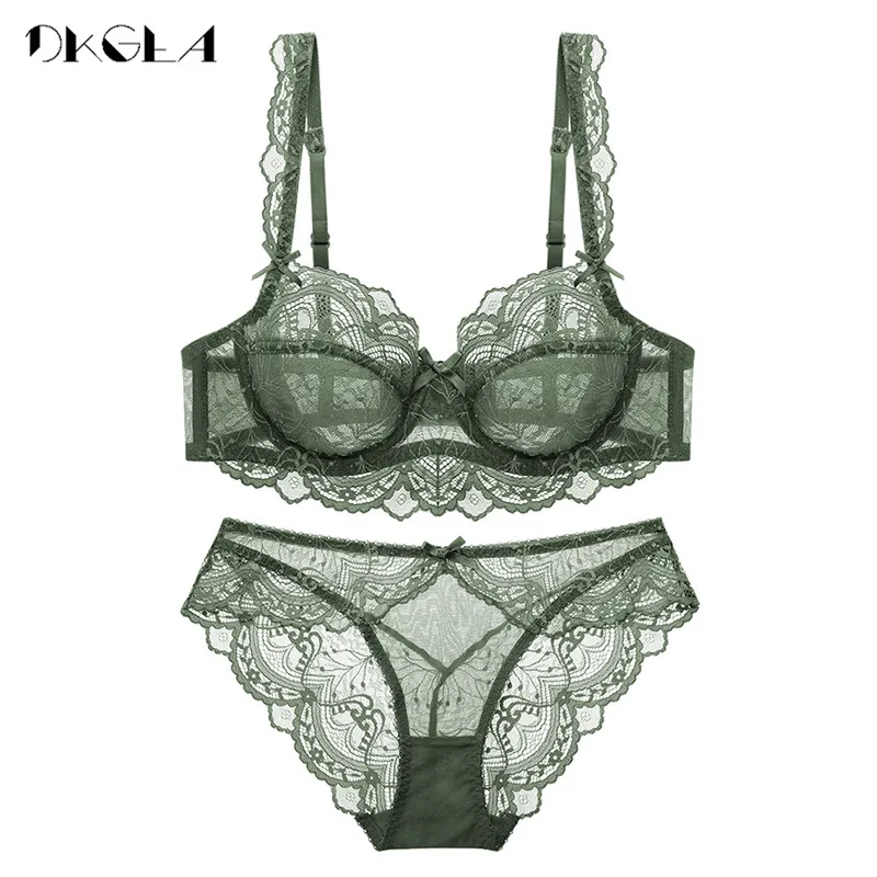 Ultrathin Bra Panties Sets Transparent Brassiere Sexy Underwear Set Plus Size D E Cup Embroidery Women Lingerie Set Lace Bras