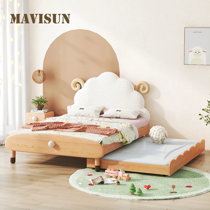 Lamb Drag Bed Solid Wood Children's Bed Net Celebrity Princess Bed Girl Boy Girl Telescopic Cloud Bed Pull Furniture Bedroom