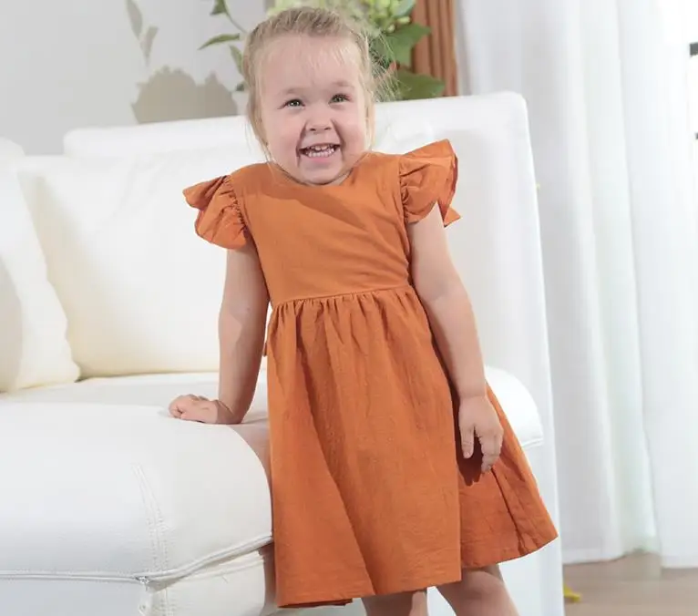 Robe d\'été Style coréen pour petites filles, manches volantes, en coton et lin, tenue princesse pour nouveau-né, robes de fête pour enfants