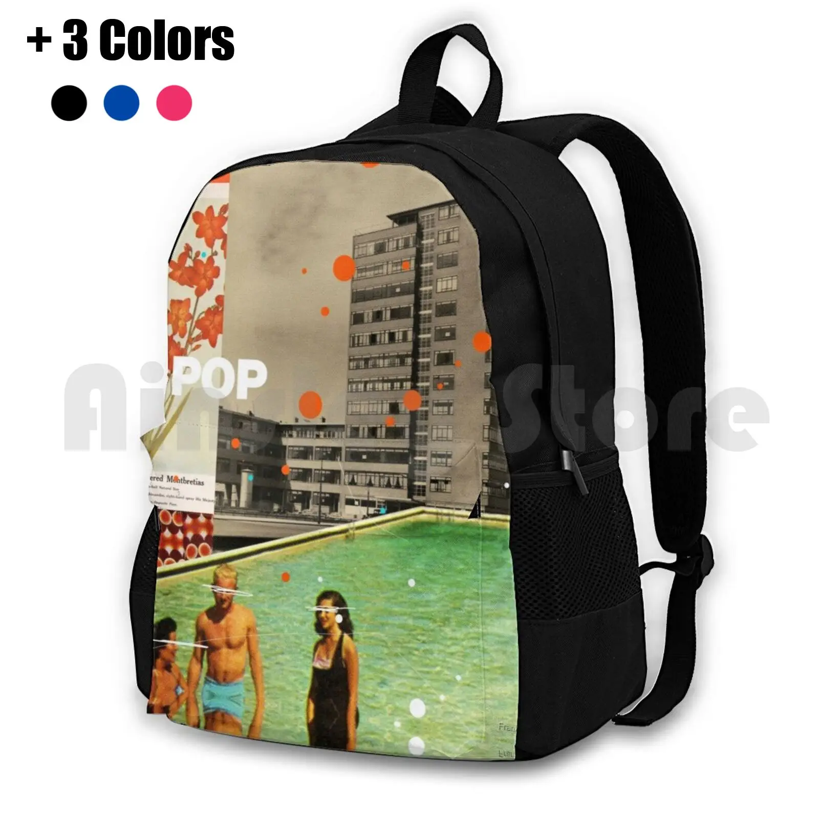 Pop Outdoor Hiking Backpack Riding Climbing Sports Bag Frank Moth Vintage Collage Retro Surreal Floral Pool Red Orange Flowers