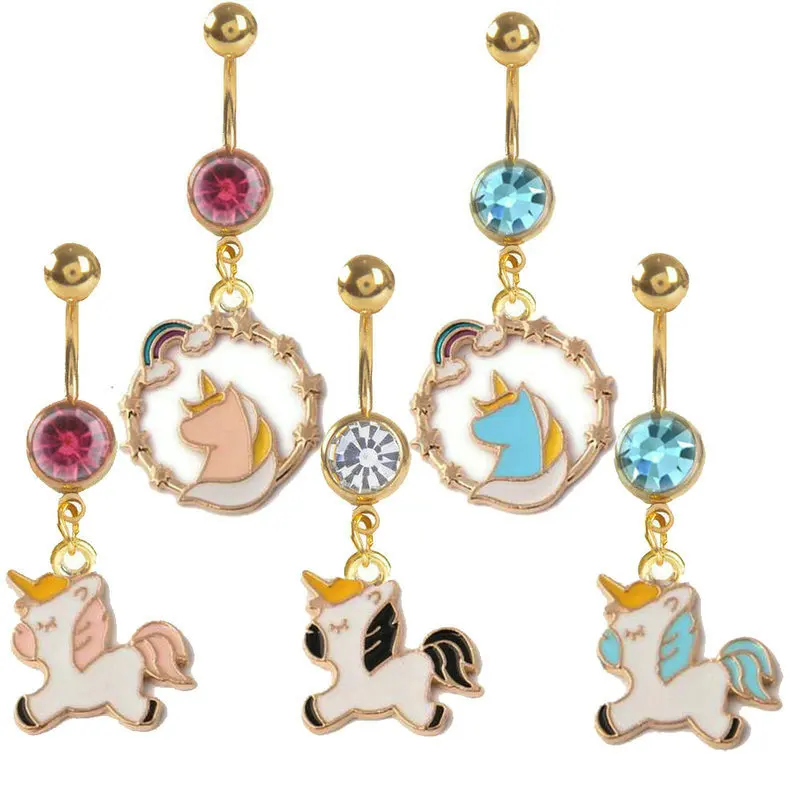 

12pcs/lot Unicorn Pendant Belly Ring Gold-Color Dangling Navel Button Rings Body Piercing Jewelry