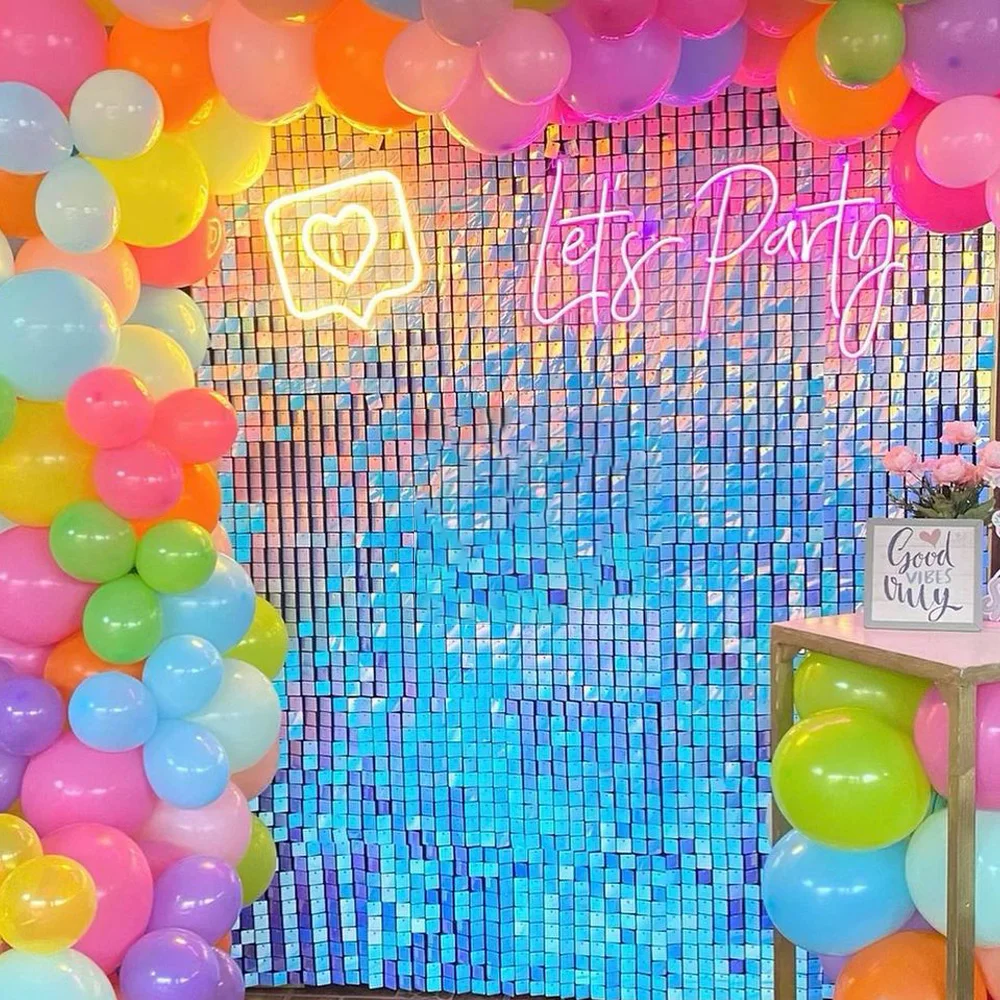 Photo Booth Shimmer Backdrop Wedding Party Wall Decoration Bachelorette Birthday Background Iridescent Blue Color Sequin Panel