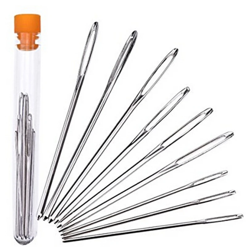 9Pc Silver Stainless Steel Sewing Needle Big Eye Needle Embroidery Needle With Transparent Needle Bottle Diy Sewing Tool