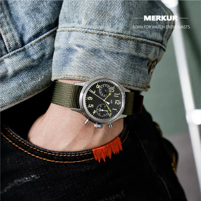 Merkur Retro 70 Vintage  Chronograph Mechanical Men\'s Complicated Acrylic 38MM Small Luxury Classic Wrist Watch