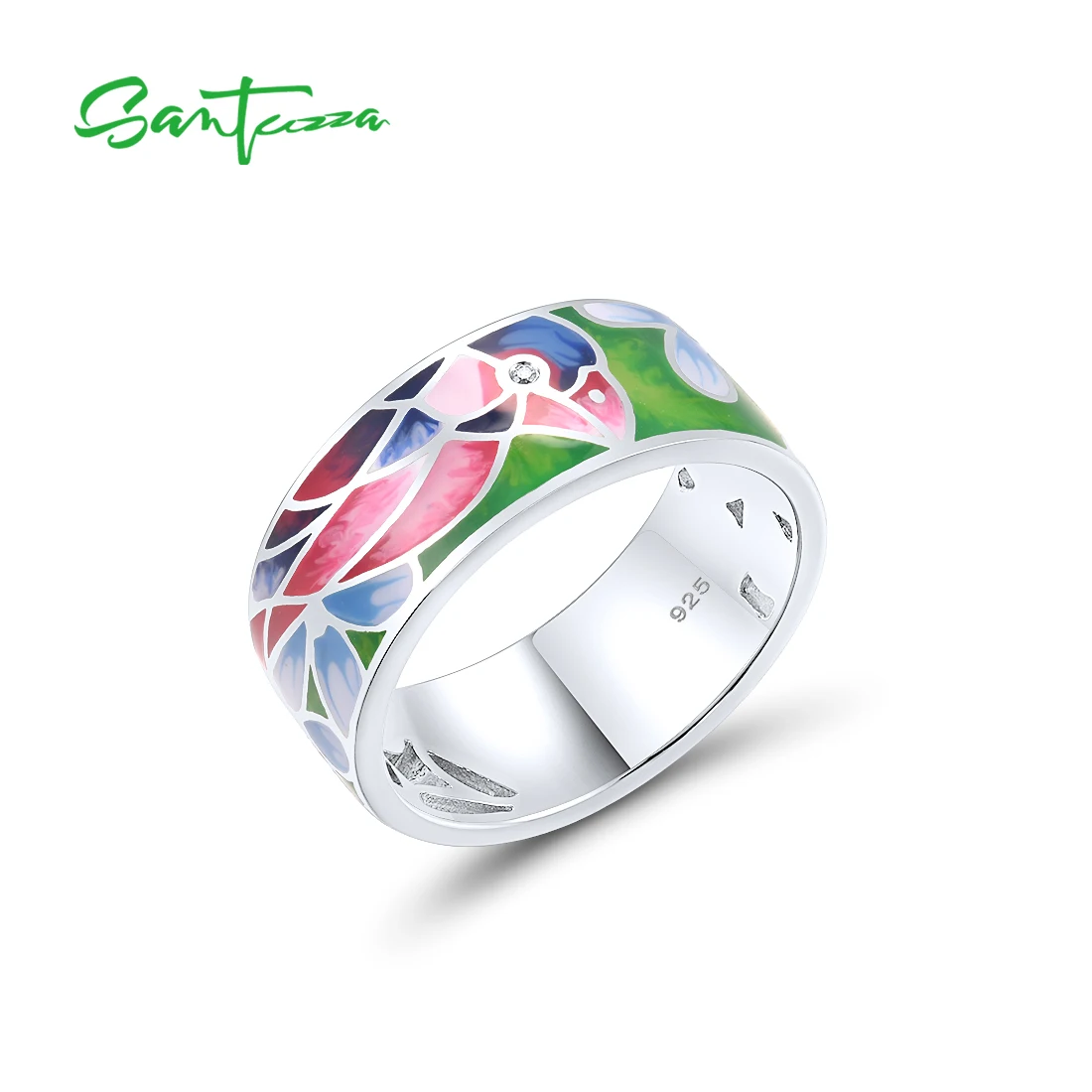 SANTUZZA Pure 925 Sterling Silver Rings For Women White CZ Pink Bird Enamel Rings Trendy Chic Party Gift  Fine Jewelry Handmade