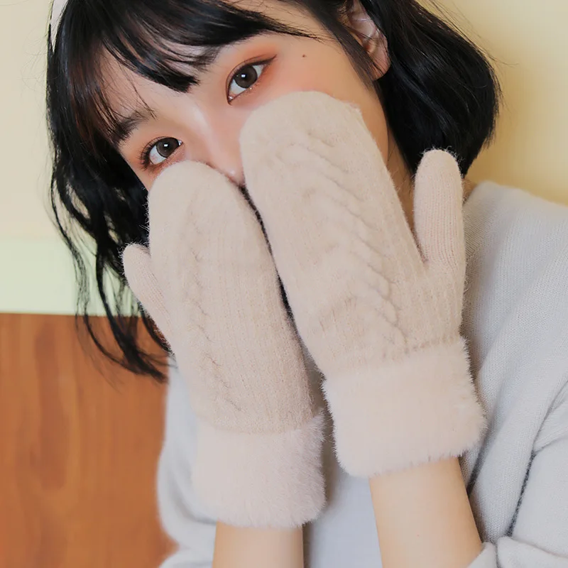 Winter Women Keep Warm Plus Velvet Inside Thicken Knitting Mittens Full Finger Cycling Woolen Gloves Japanese Style Cute Lovely