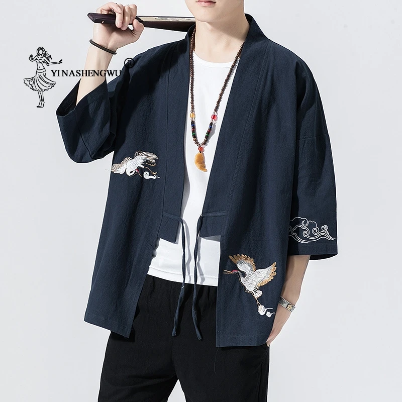 Kimono Cardigan Men Japanese Kimono Traditional Beach Thin Crane Embroidery Asian Clothes Yukata Male Samurai Casual Shirt Kimon image 2