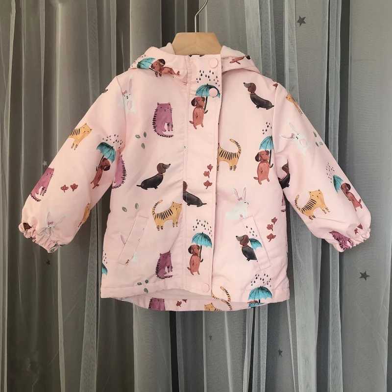 2020 brand new autumn/winter gilrs pink windproof hooded jacket with animal print, size 3Y to 8Y