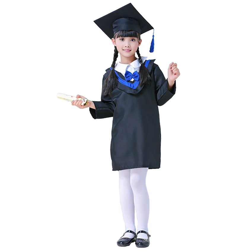 Kids Graduation Gown Children Bachelor Costumes School Students Uniform Girls Dress set with Hat Baby Performance Clothing