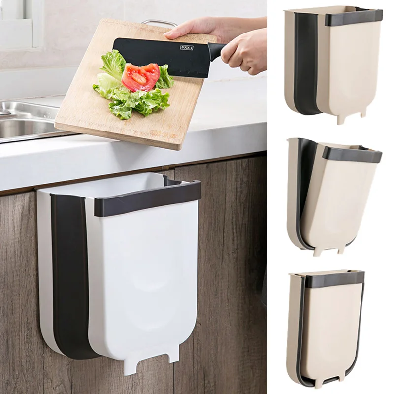 

9L Wall Mounted Folding Waste Bin Kitchen Cabinet Door Hanging Trash Bin Car Garbage Trash Can For Bathroom Toilet Waste Storage